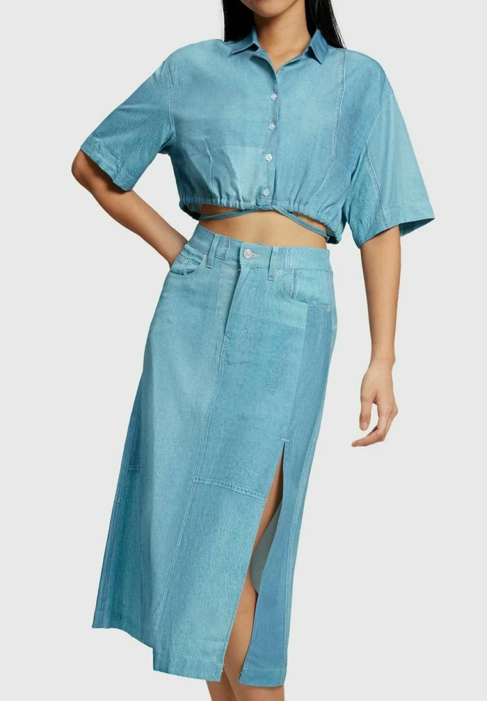 Esprit GECROPPTE MIT DENIM PRINT - Button-down Blouse - Blue Medium Washed New