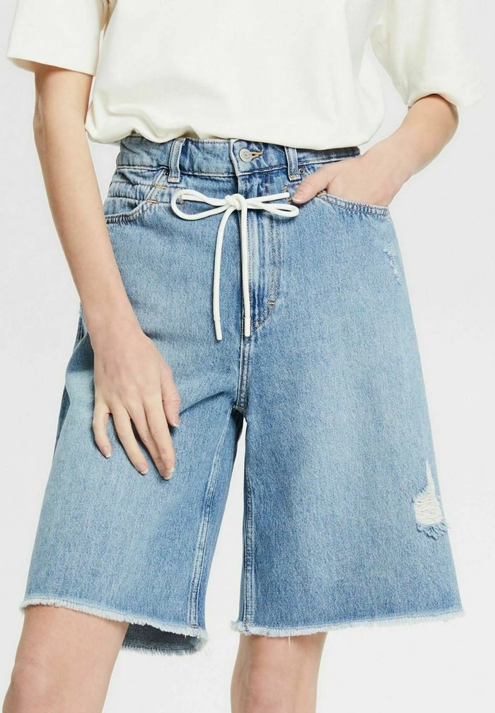 Esprit MIT KORDELZUG - Denim Shorts - Blue Medium Washed